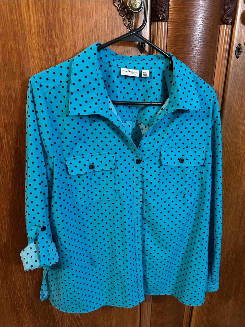Kim Rogers Teal Button-Down Shirt with Black Polka Dots